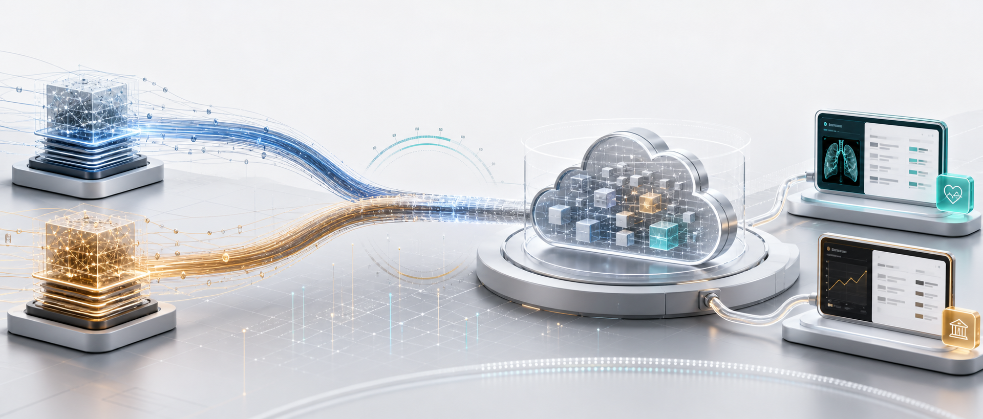 Abstract benchmark paths converging into a governed cloud platform with healthcare and financial services copilots