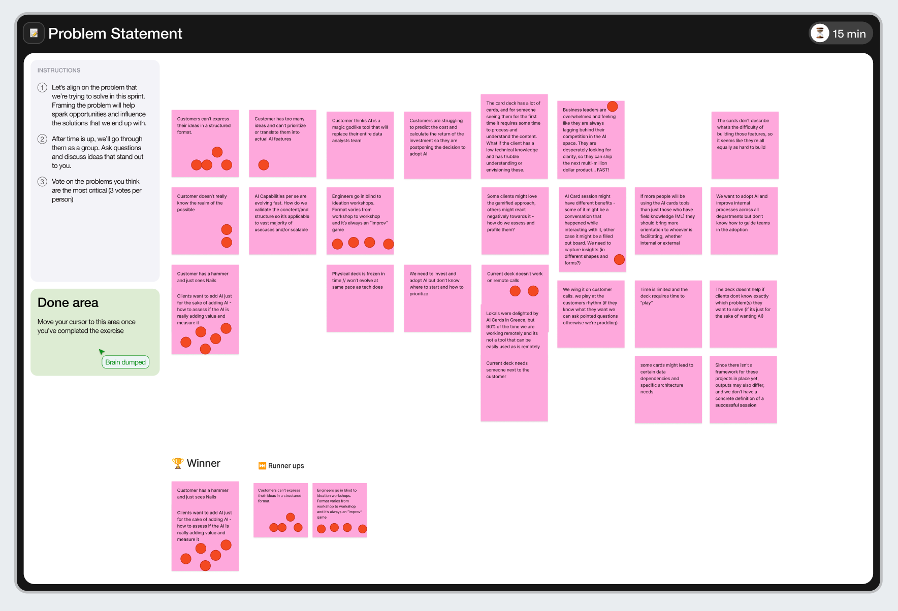 Screenshot of a design sprint problem-statement board with user needs, sticky notes, votes, and winning ideas.