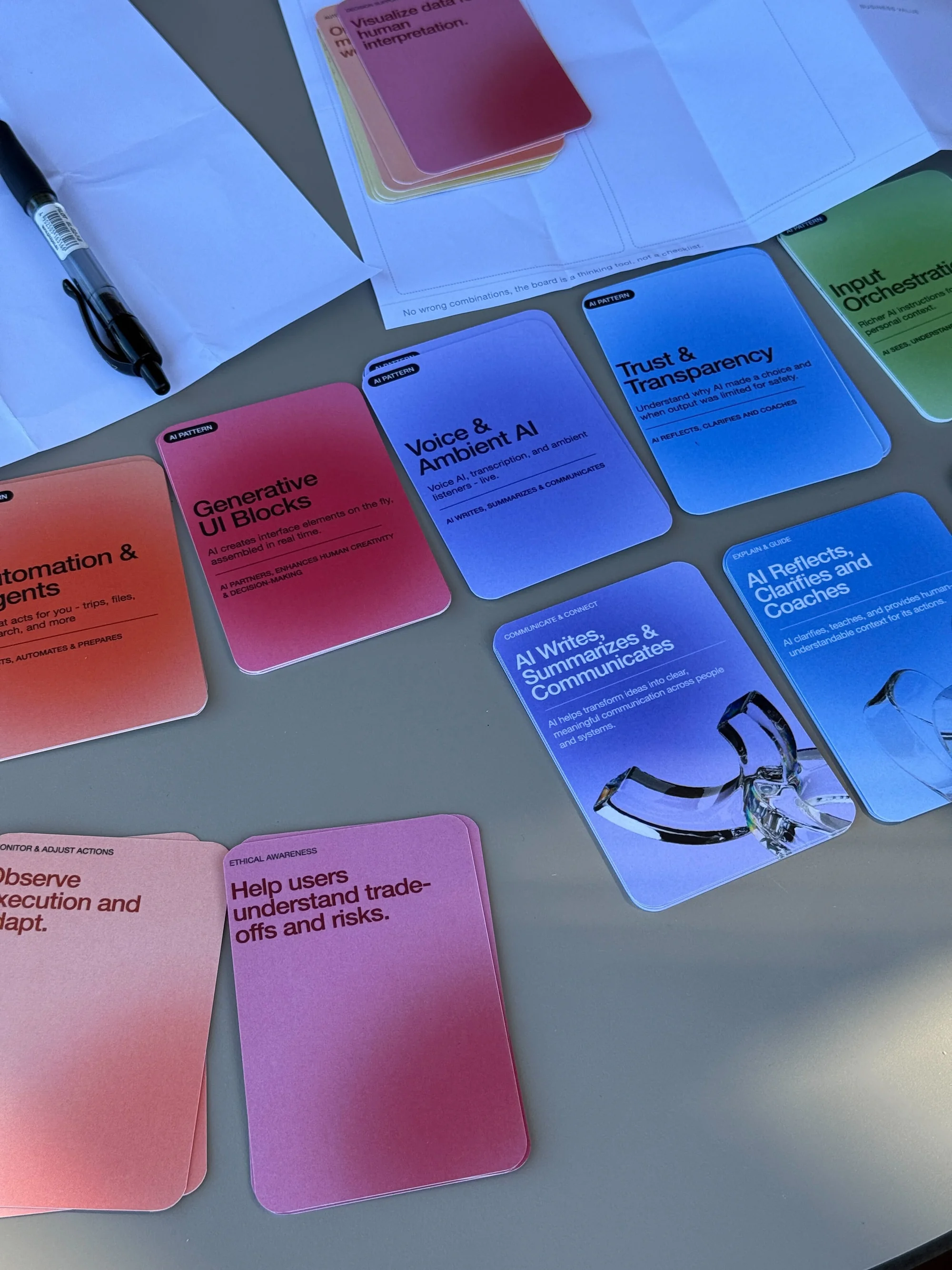 Printed AI pattern and capability cards arranged on a table.