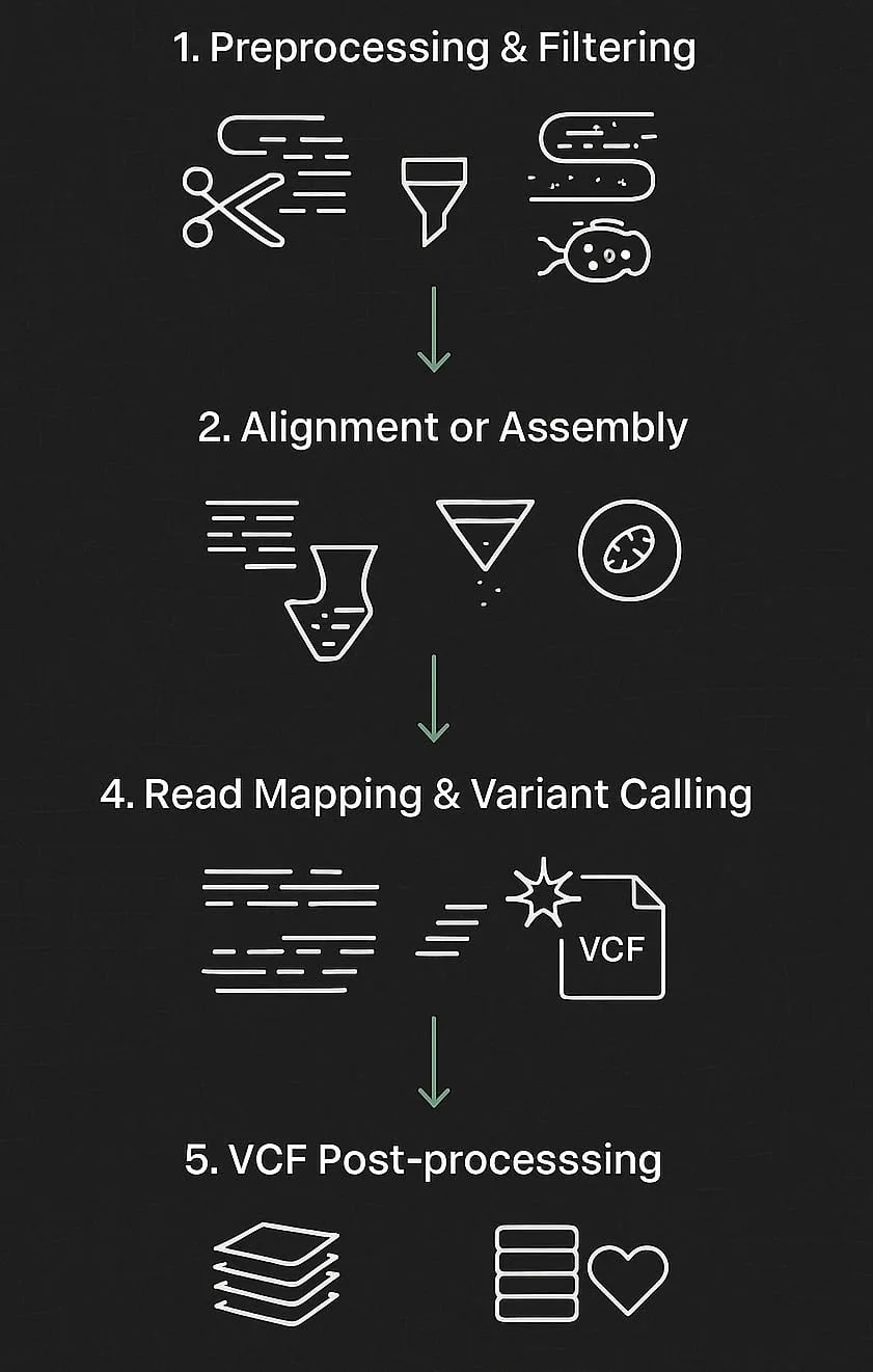 MITNANEX workflow stages: preprocessing and filtering, alignment or assembly, read mapping and variant calling, then VCF post-processing.