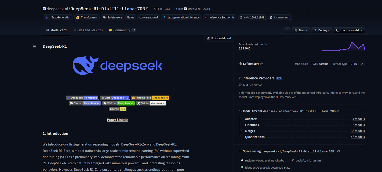 Hugging Face Model Card of DeepSeek-R1 Distill Llama 70B Model