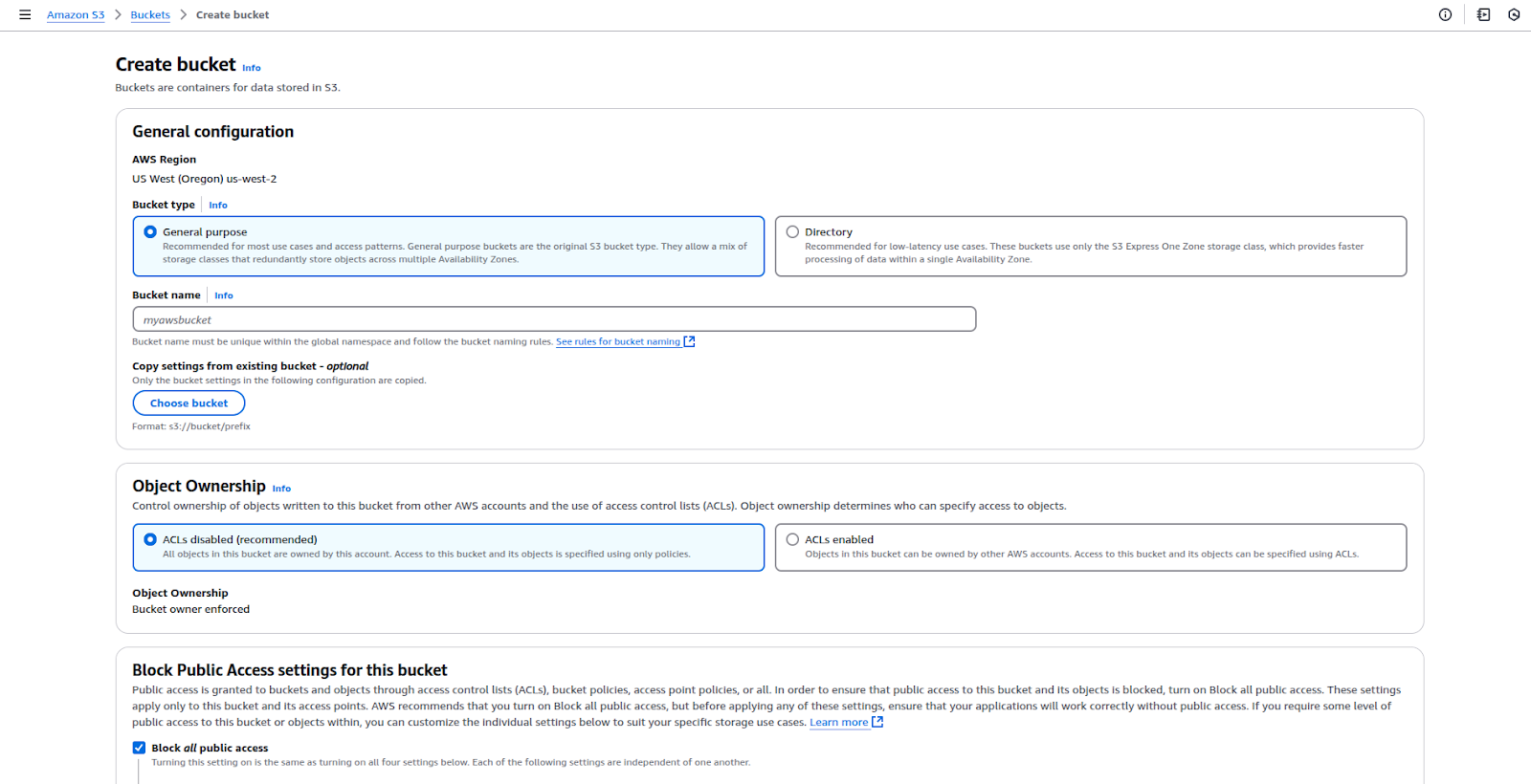 AWS S3 Console for Creating S3 Bucket