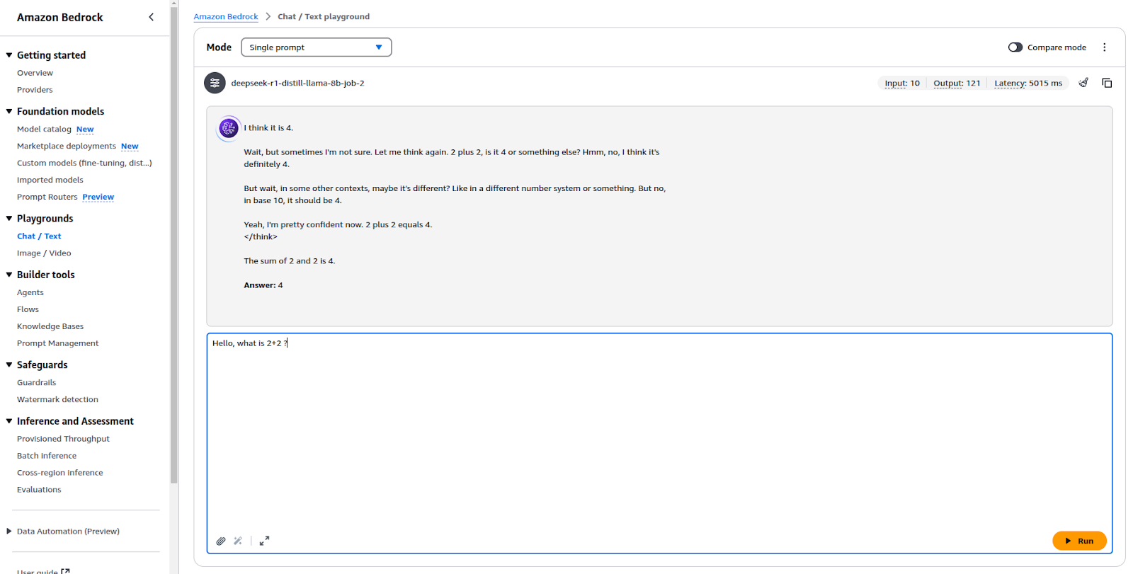 AWS Bedrock Playground on which we test the Imported Model