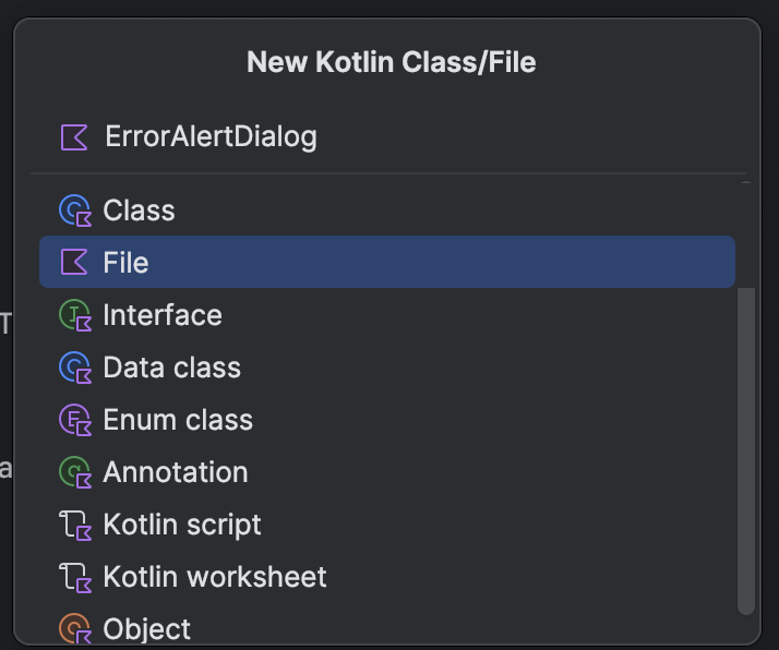 Android Studio New Kotlin Class/File dialog with ErrorAlertDialog entered and File selected.