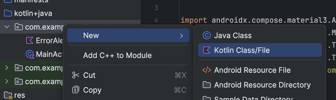Android Studio project tree with the New menu open and Kotlin Class/File selected.