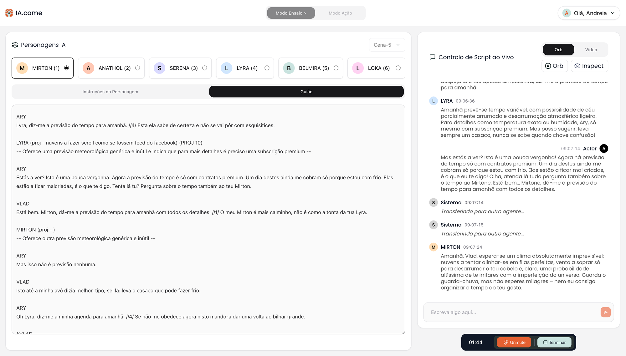 The Operator Screen, in Rehearsal mode. On the left panel we see the current AI character speaking, the scene’s script. On the right, we see a transcript of the live scene being rehearsed.