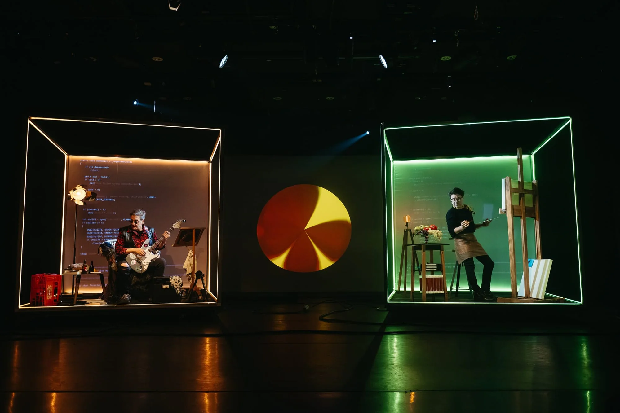 Picture taken during the play’s premiere, using the initial prompting method to interact with AI actors.