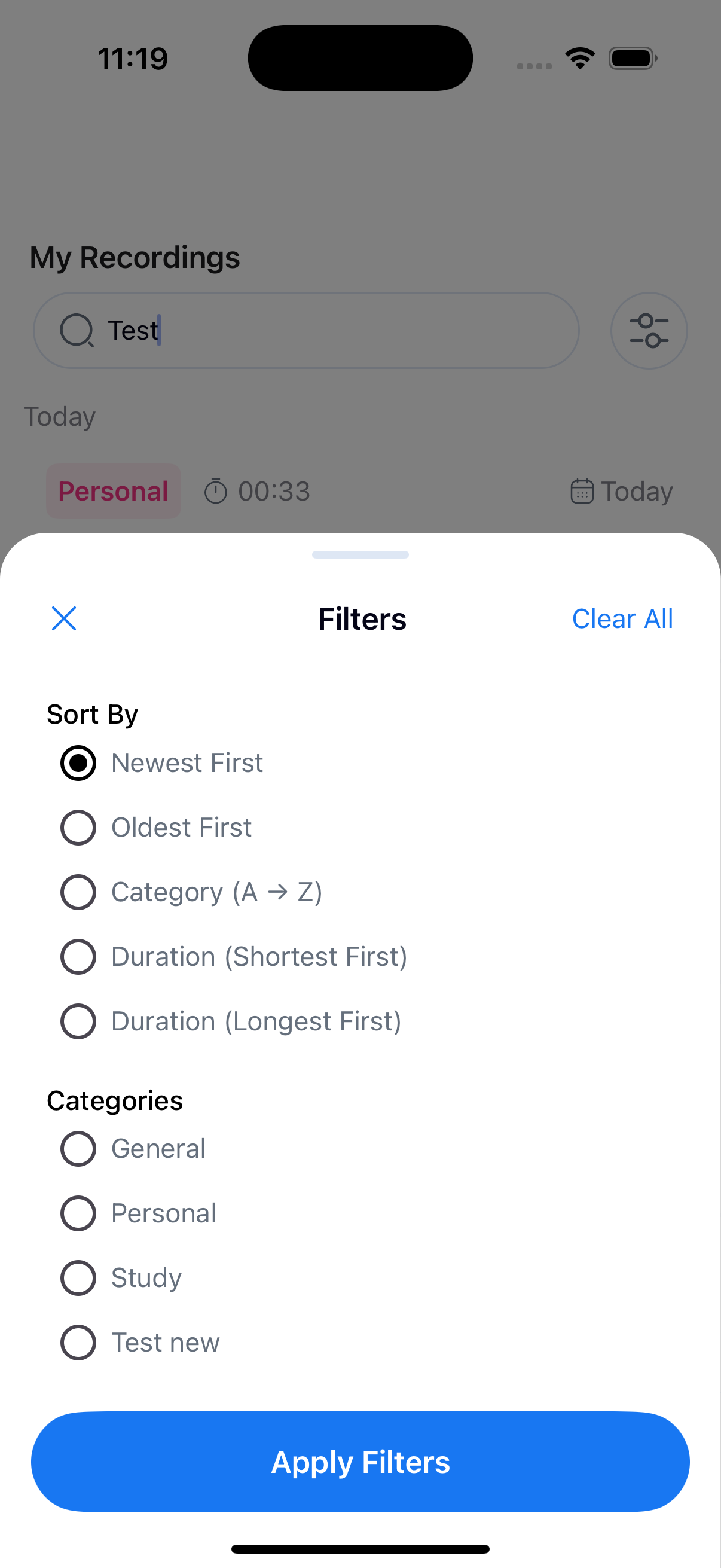 Recording filters and sorting