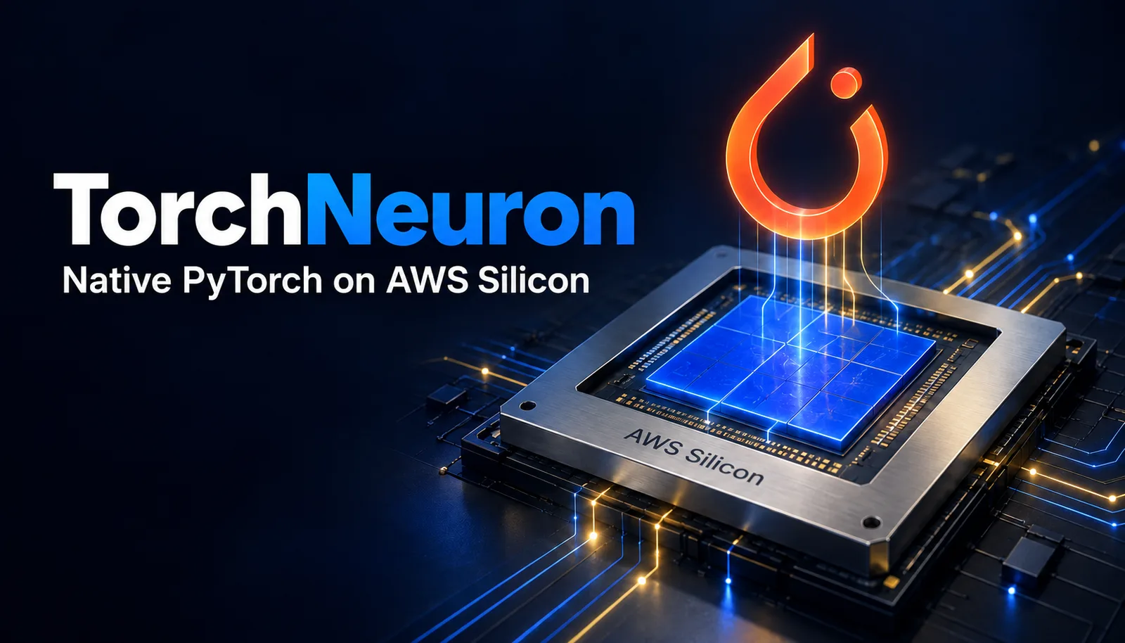 TorchNeuron: Native PyTorch on AWS Silicon. An orange PyTorch emblem floats above a stylized blue chip labeled AWS Silicon, connected by blue and yellow circuit traces on a deep navy background.