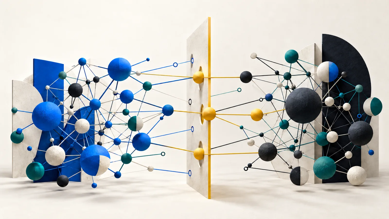 Two blue, teal, and charcoal knowledge graphs connect selected yellow nodes across a central decision boundary on an off-white background.