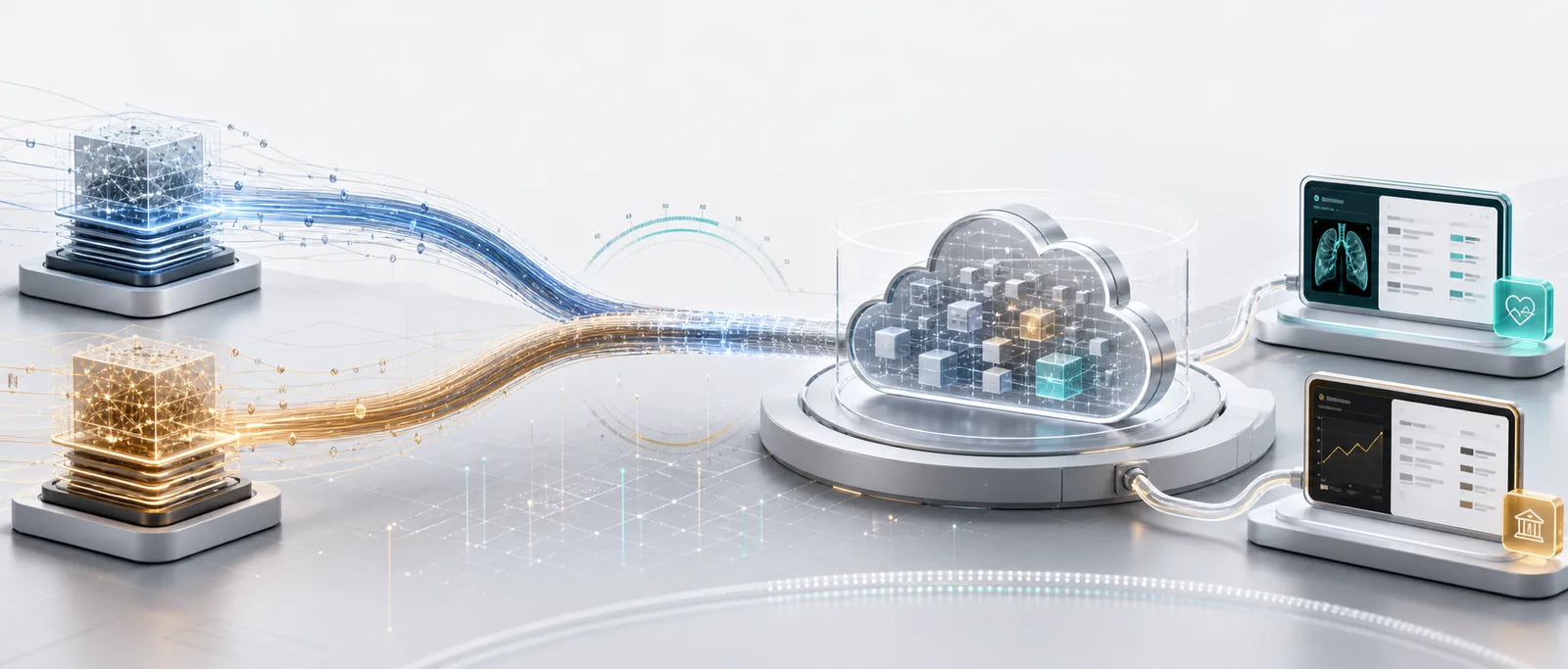 Abstract benchmark paths converging into a governed cloud platform with healthcare and financial services copilots