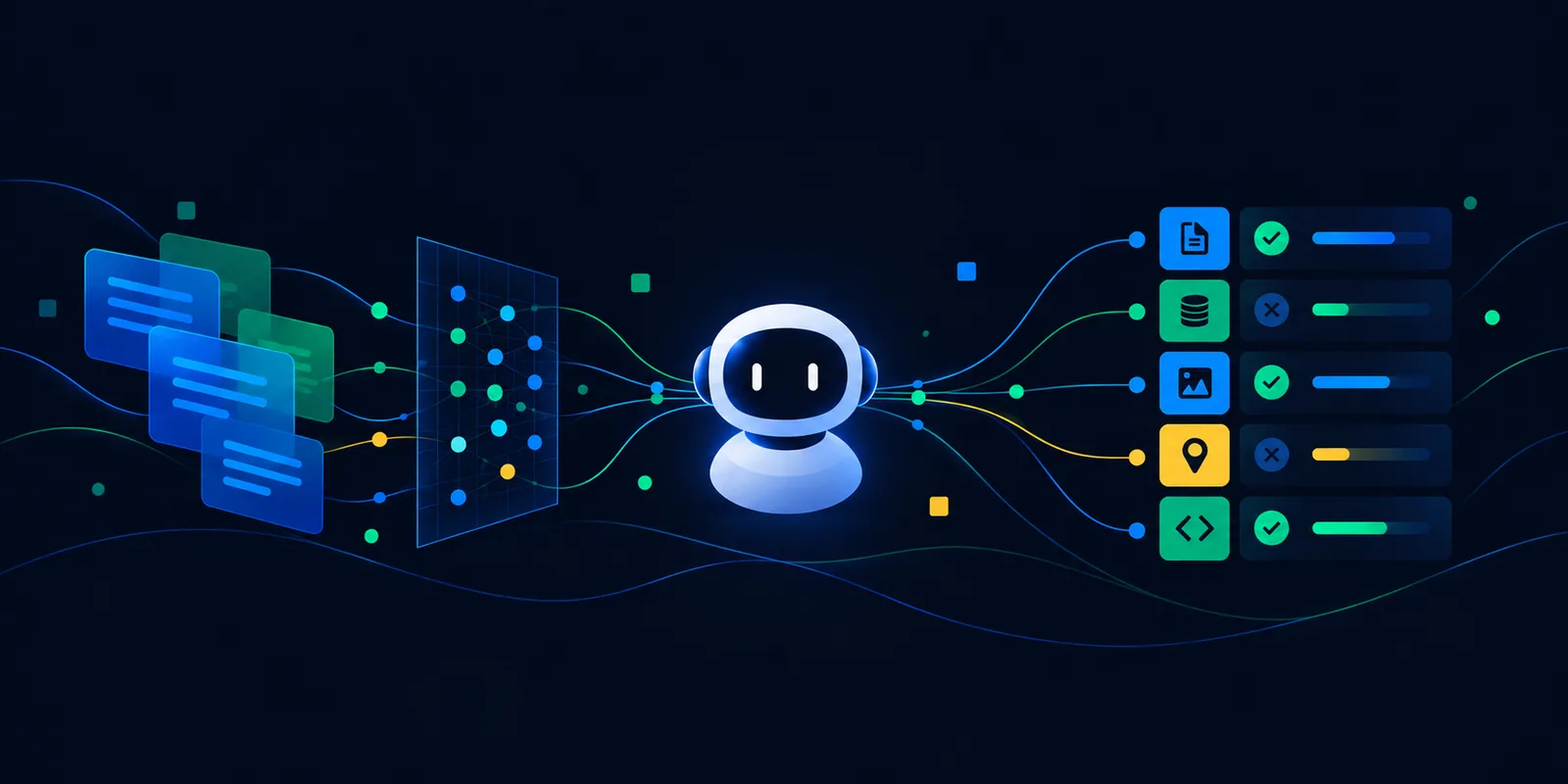 An AI agent selects useful tools from a catalog, with document, database, image, location, and code tools ranked by relevance.