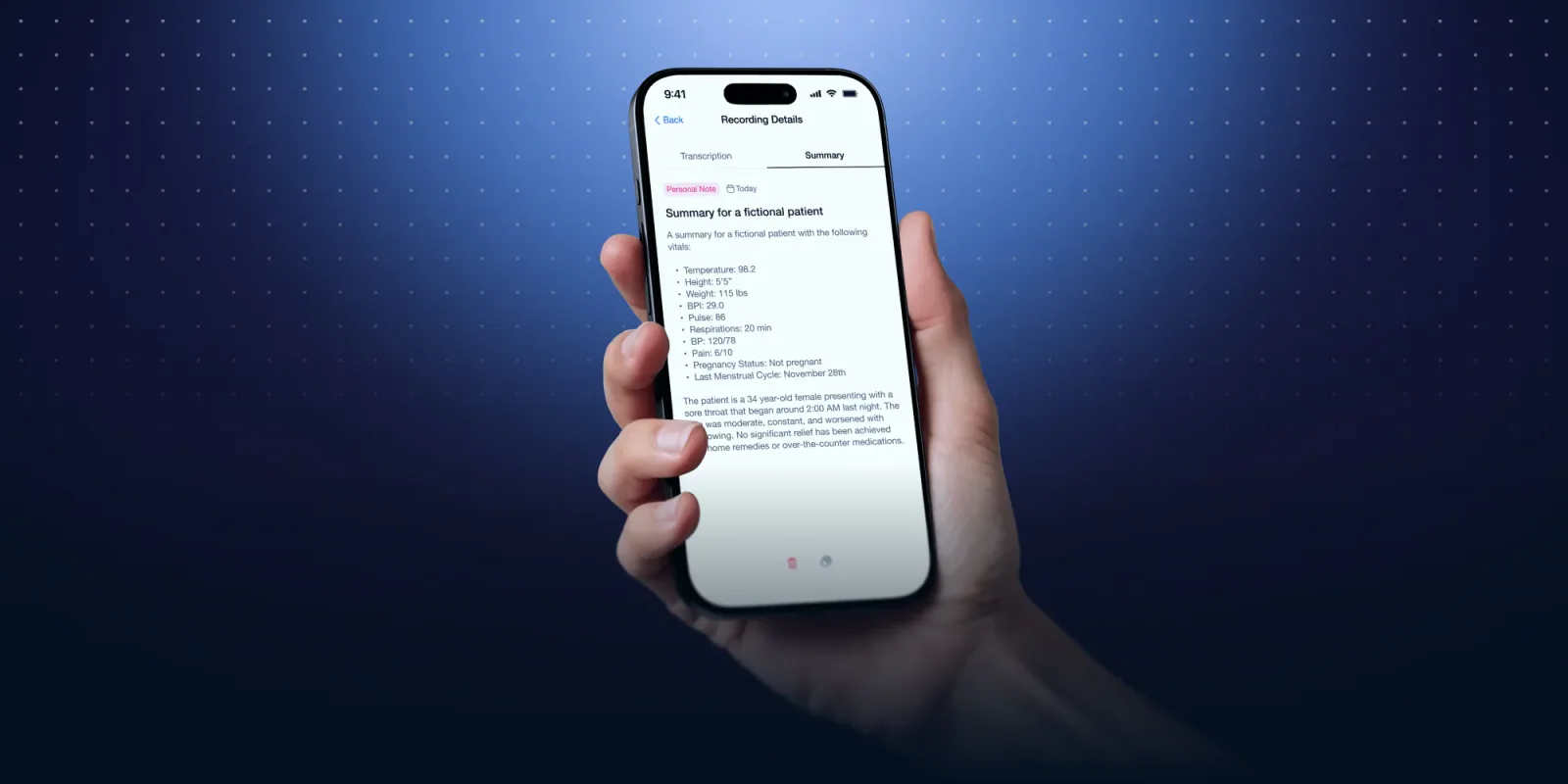 A phone displaying SoloAI’s summary of a fictional patient note against a blue background.